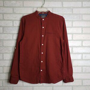 Primark Men’s Grandad Collar Shirt Medium Brick Red Cotton Long Sleeve Roll Tab